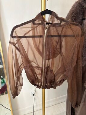 Zara Brown Sheer Mesh Zip-Up Bomber Jacket